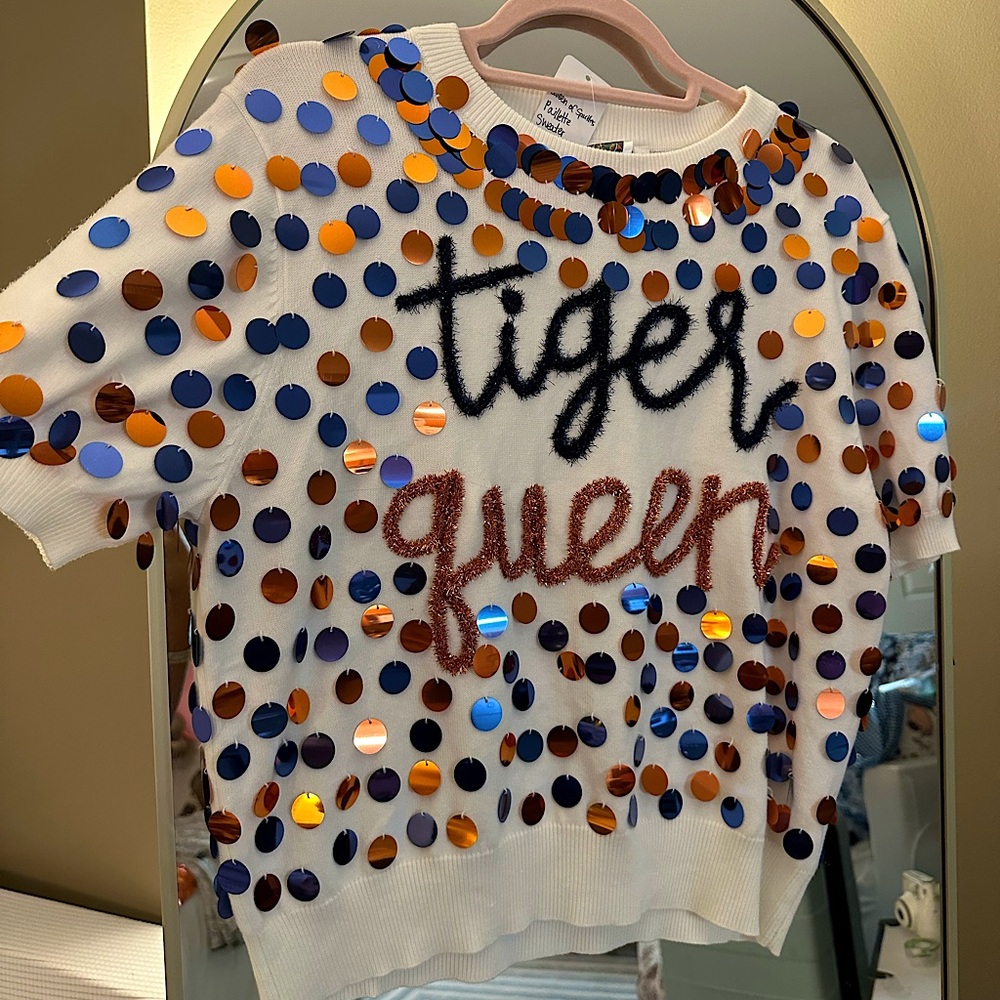 NWT Queen of Sparkles Auburn Navy & Orange 'Tiger Queen' Paillette Sweater